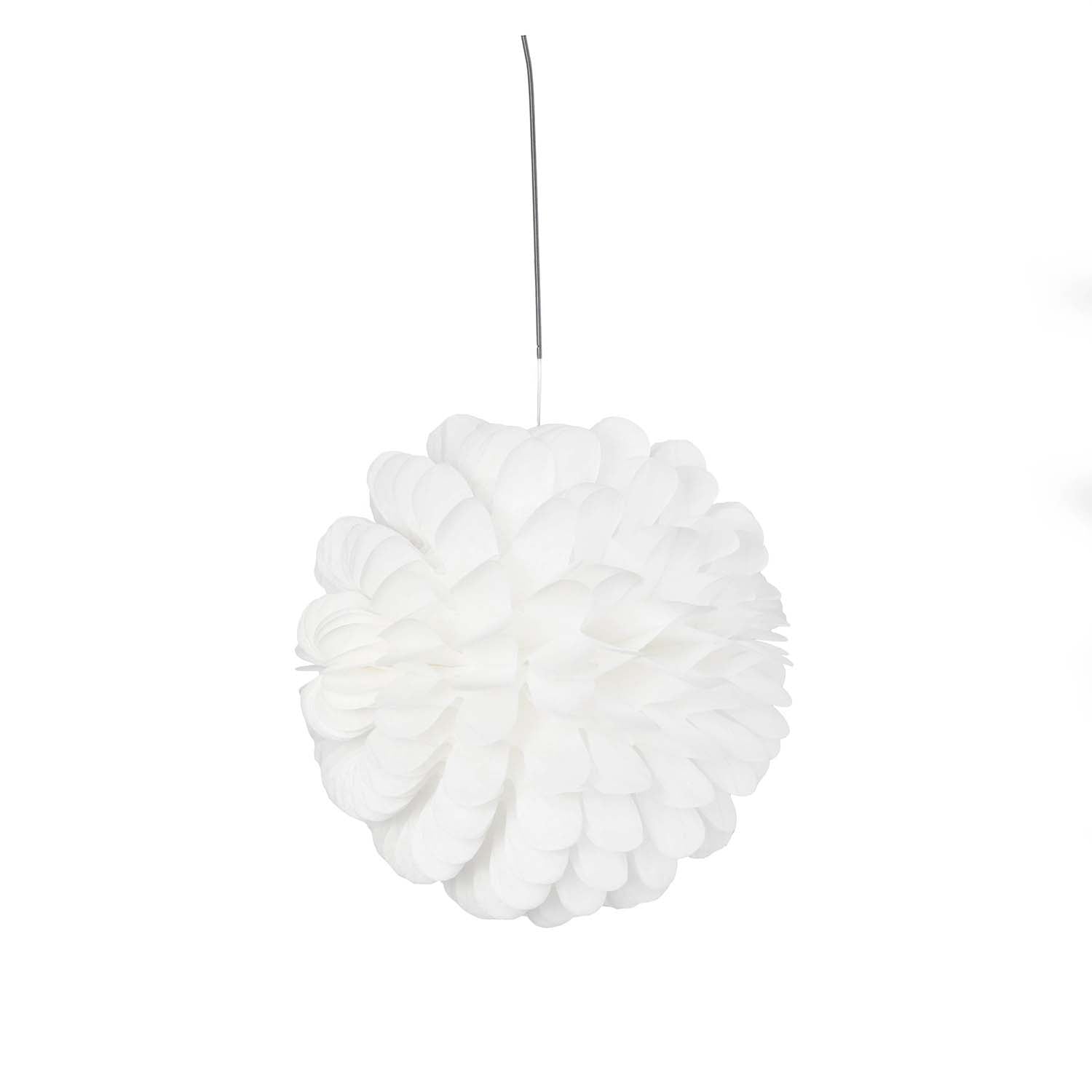 Three Hester & Cook patriotic ruffled balls, set of 3, on a table.