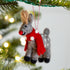 Felt Reindeer Ornament with a red scarf and red nose hanging on a Christmas tree.