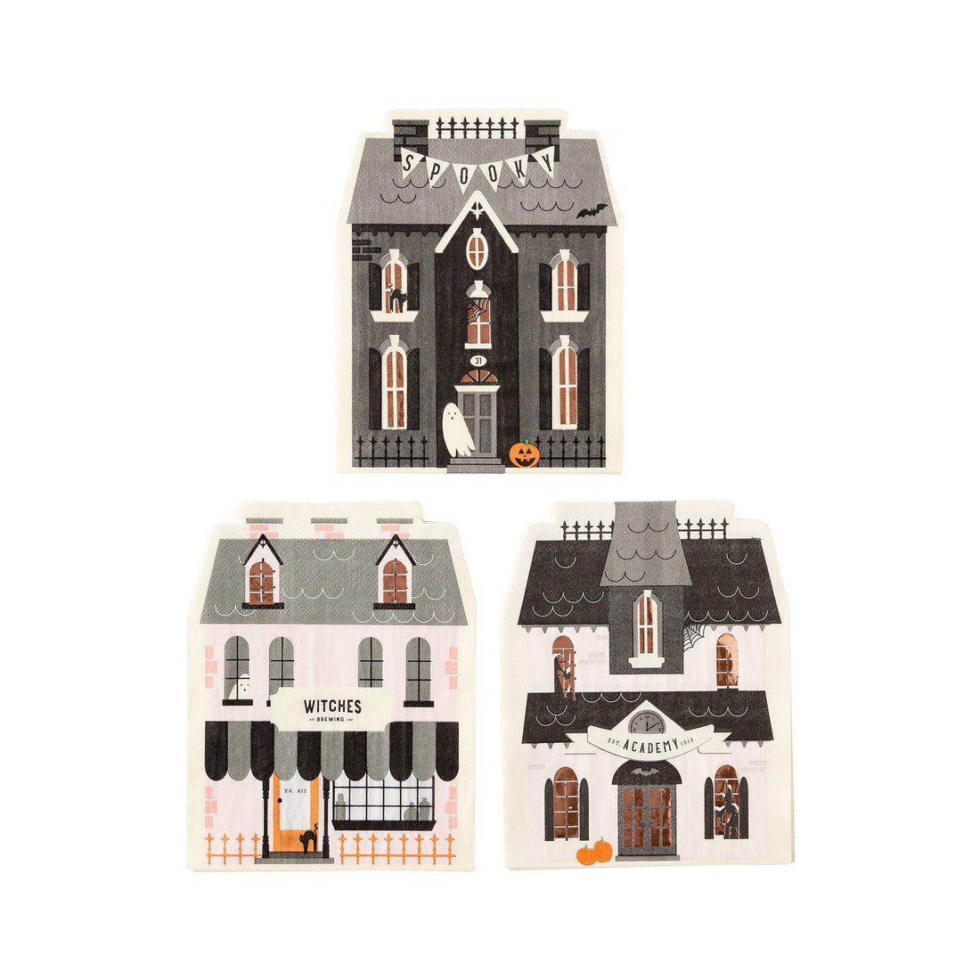 A set of paper napkins designed to look like haunted houses, with variations in design including different roof shapes and decorations, intended for Halloween party tableware.