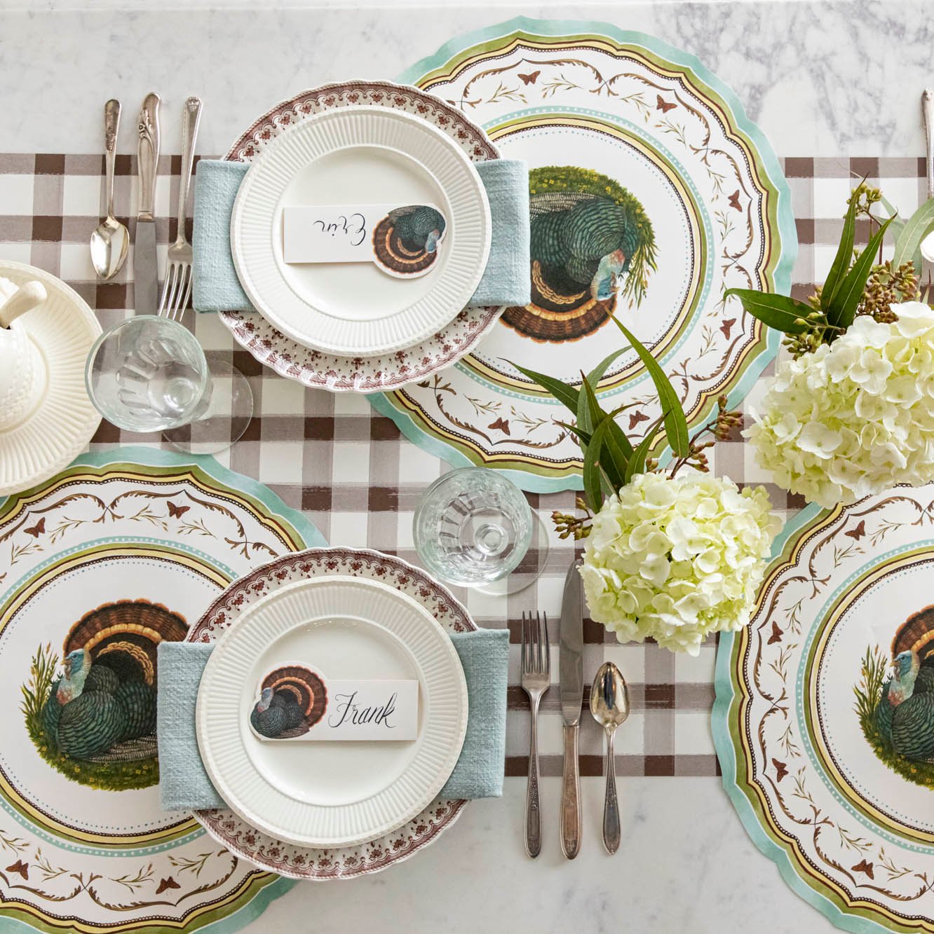 Die-cut Heritage Turkey China Placemat elegant tablescape with flowers.