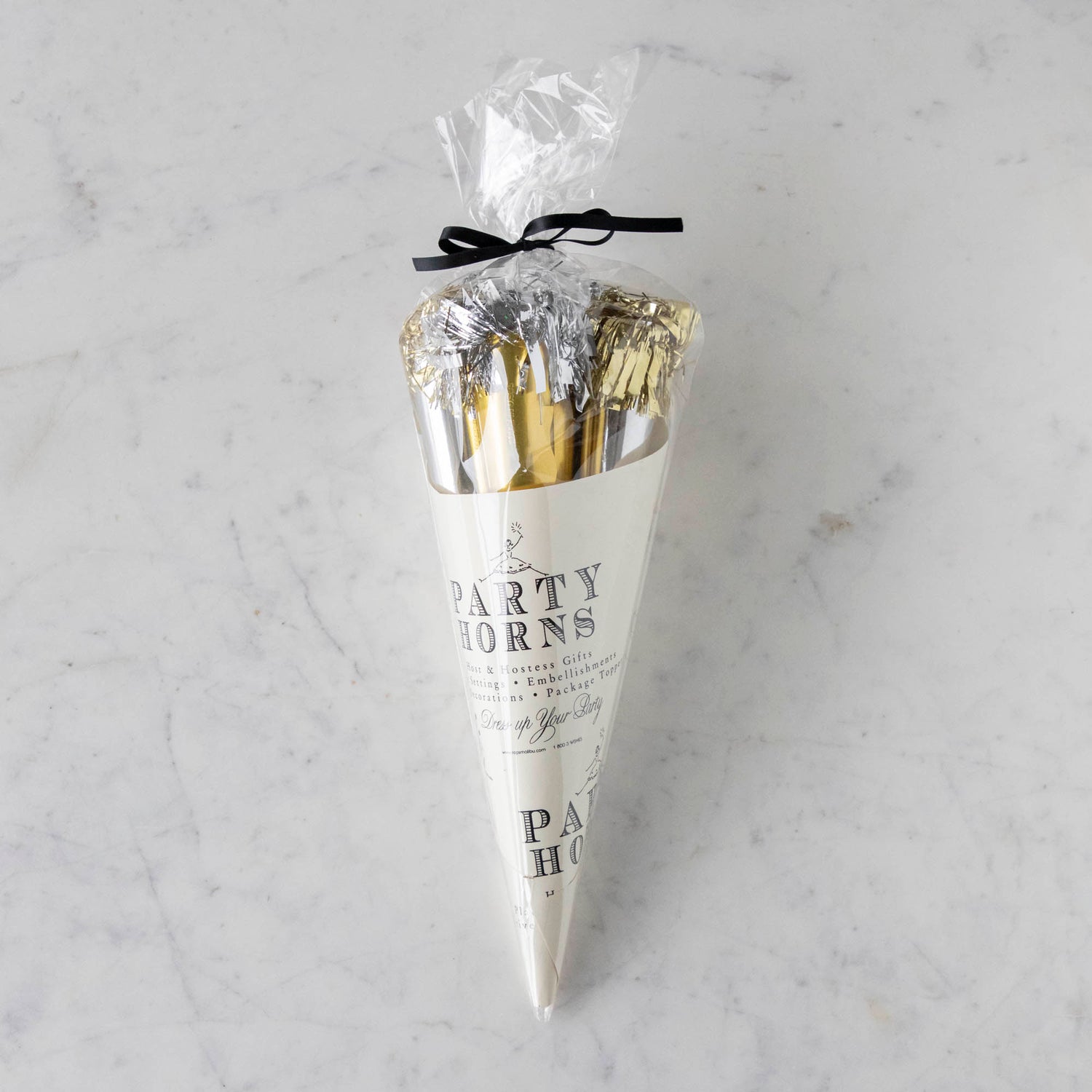 An elegant Tops Malibu Party Horn Bouquet Gold/Silver with tinsel tassels.