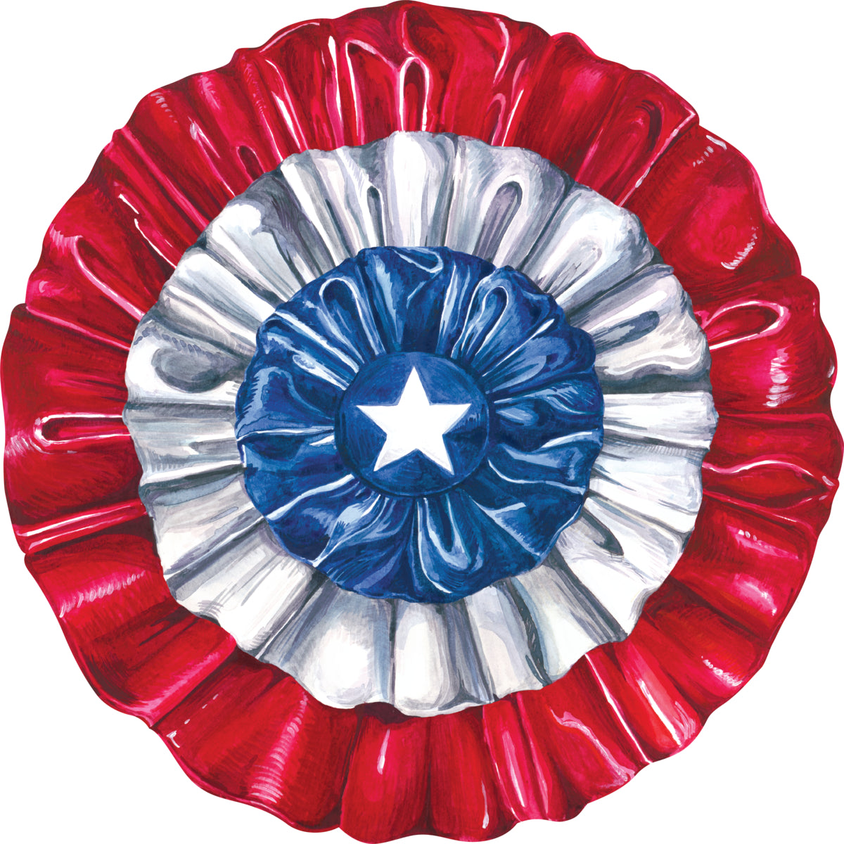 A die-cut round illustration of pleated ribbons in concentric rings: bright red around the edge, white in the middle, blue in the center with a white star.