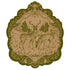 A toile-style illustration of a detailed, scalloped filigree frame around a vignette of a male and female deer in a field, in monochrome deep green printed on tan kraft paper.