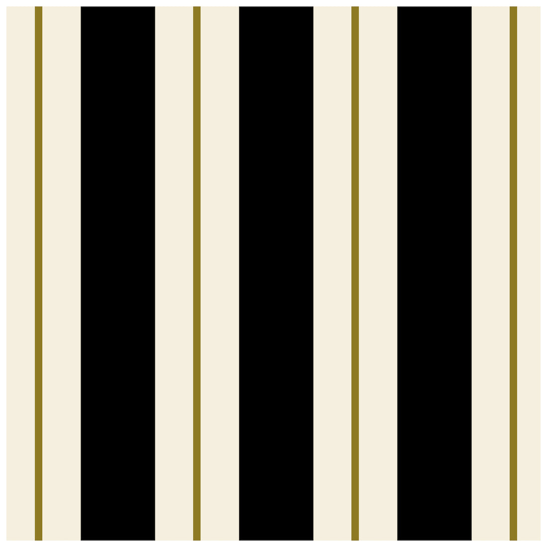 A square cocktail napkin with thick black and white stripes, and a thin gold line running down the middle of each white stripe.