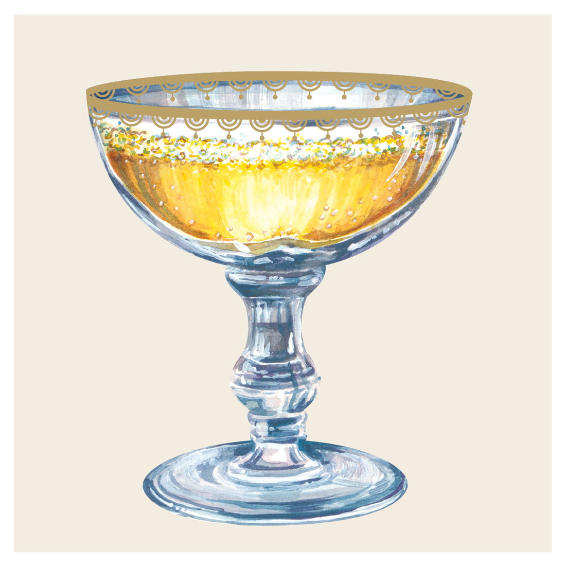 A square, cream cocktail napkin featuring an illustrated coupe glass full of bubbling, gold champagne.