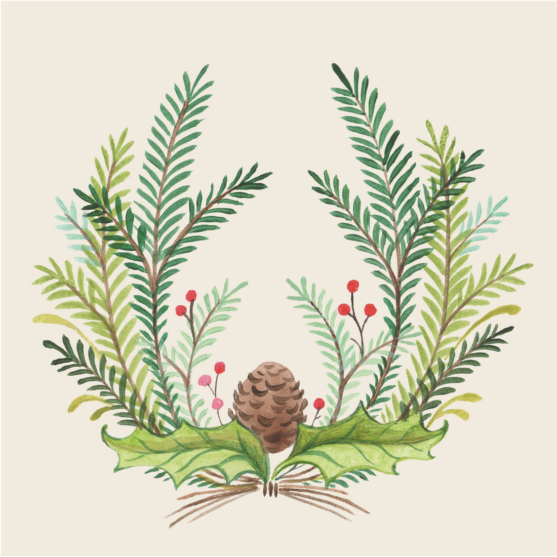 A square, cream cocktail napkin featuring a symmetrical illustrated wreath design with green winter foliage, red holly berries and a brown pinecone.