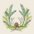 A square, cream cocktail napkin featuring a symmetrical illustrated wreath design with green winter foliage, red holly berries and a brown pinecone.