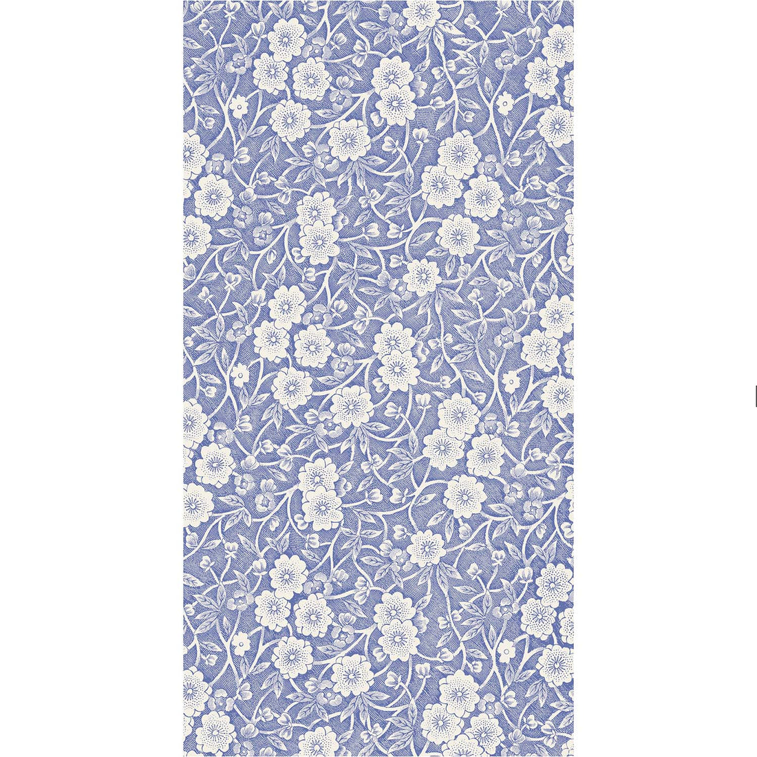 A rectangle guest napkin featuring a dense pattern of white flowers, stems and leaves on a medium blue background.
