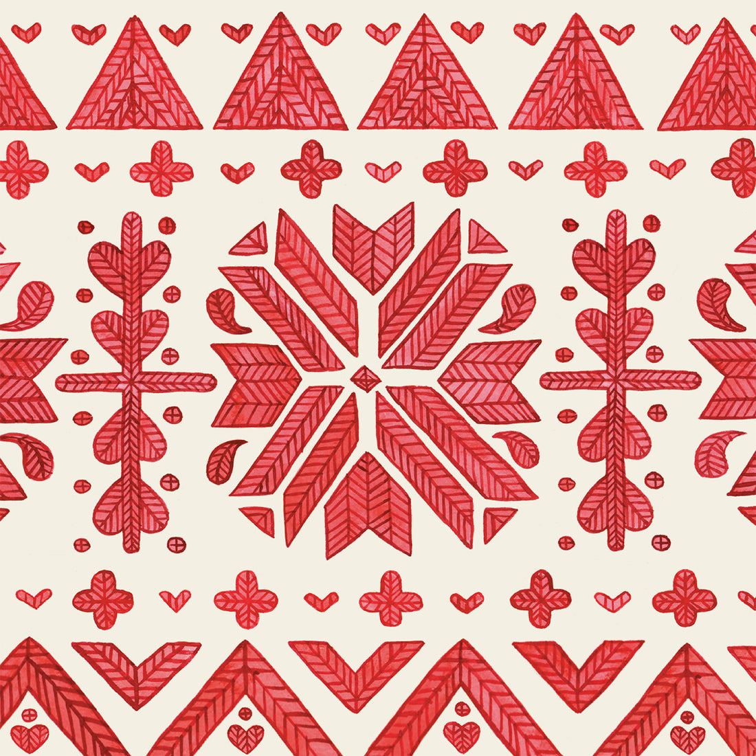 Fair Isle Cocktail Napkin featuring red geometric folk art pattern with hearts, triangles, and stylized leaves on a cream background, inspired by hand-knit designs.