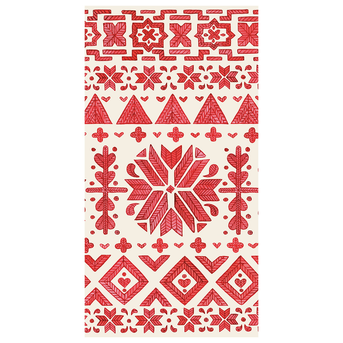 Fair Isle Guest Napkin featuring red geometric folk art pattern with hearts, triangles, and stylized leaves on a cream background, inspired by hand-knit designs.