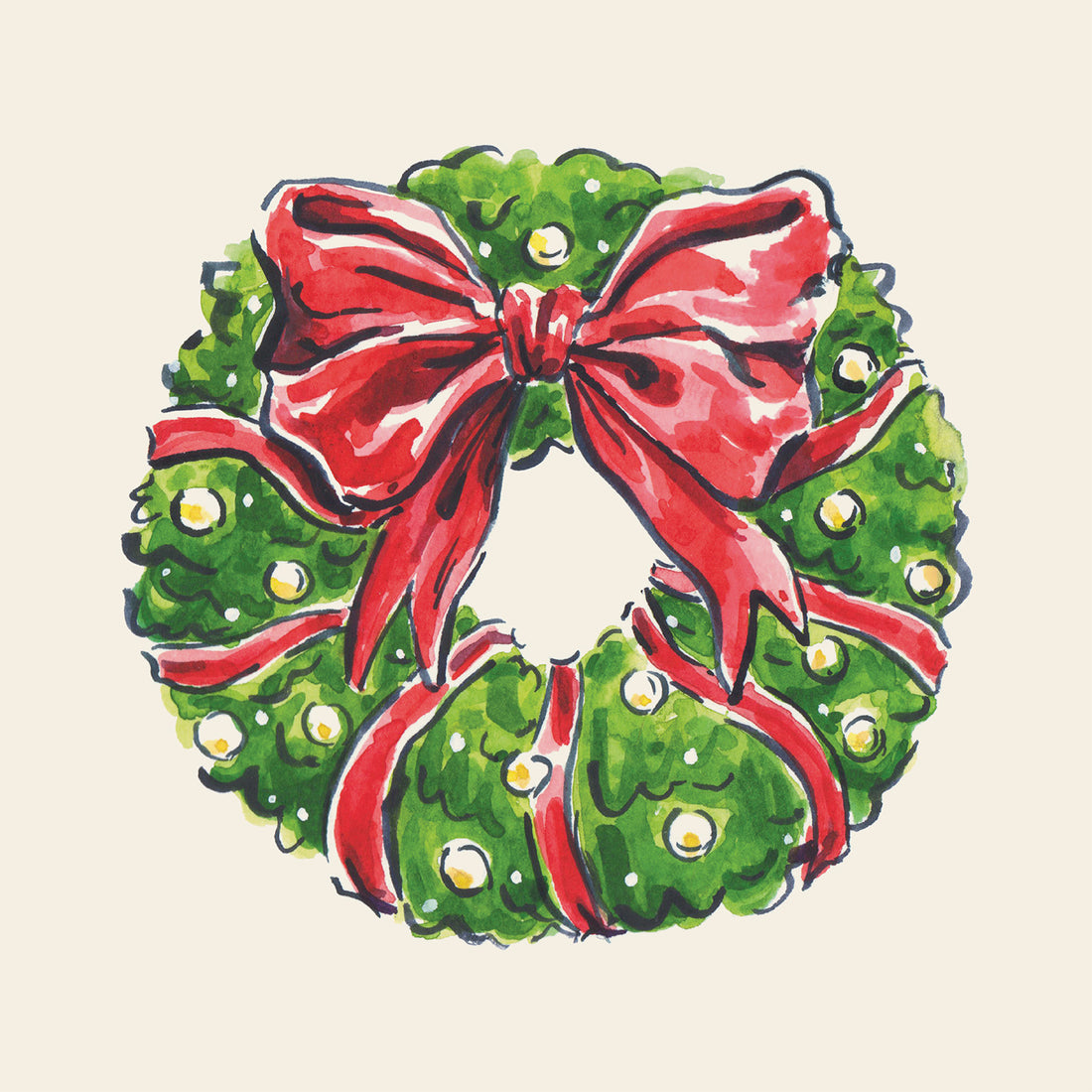 Illustration of a green holiday wreath decorated with a large red bow and yellow ornaments, on a cream background.