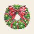 Illustration of a green holiday wreath decorated with a large red bow and yellow ornaments, on a cream background.