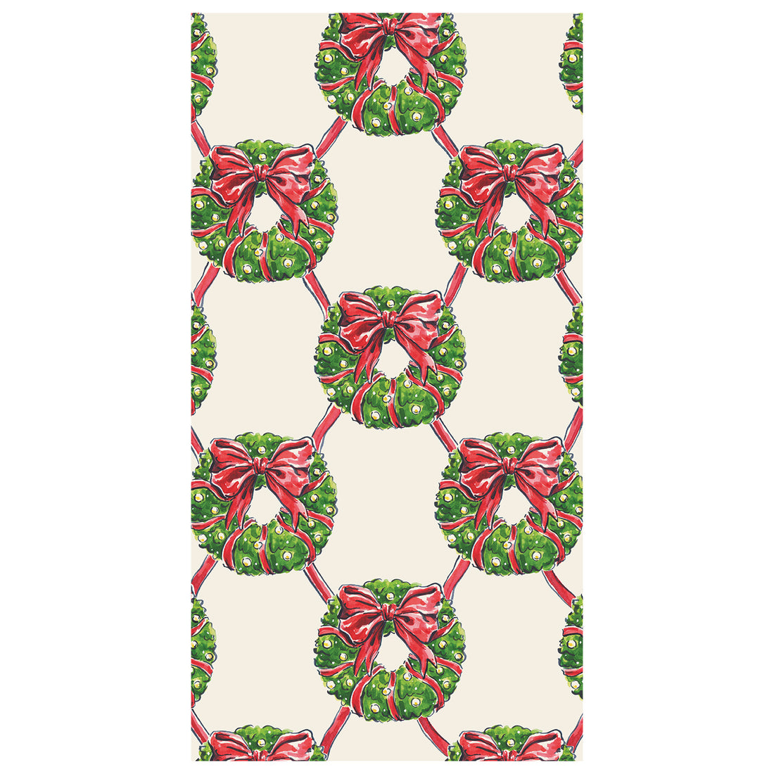 A repeating lattice pattern of green Christmas wreaths with red bows and yellow ornaments, on a cream background.