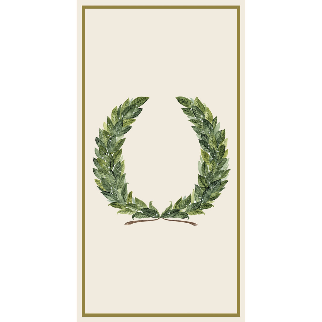 A watercolor illustration of a laurel wreath with green leaves, arranged in a U-shape and bordered by a thin gold frame.
