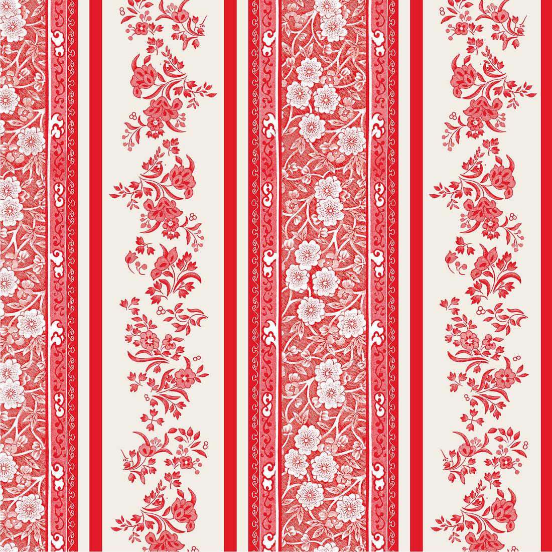 Red Burleigh Stripe Cocktail Napkin featuring red stripes with intricate Burleigh floral patterns on a cream background.
