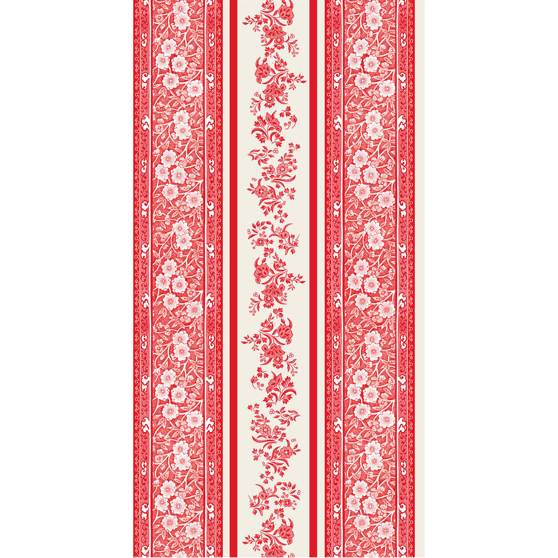 Red Burleigh Stripe Guest Napkin featuring red stripes with intricate Burleigh floral patterns on a cream background.