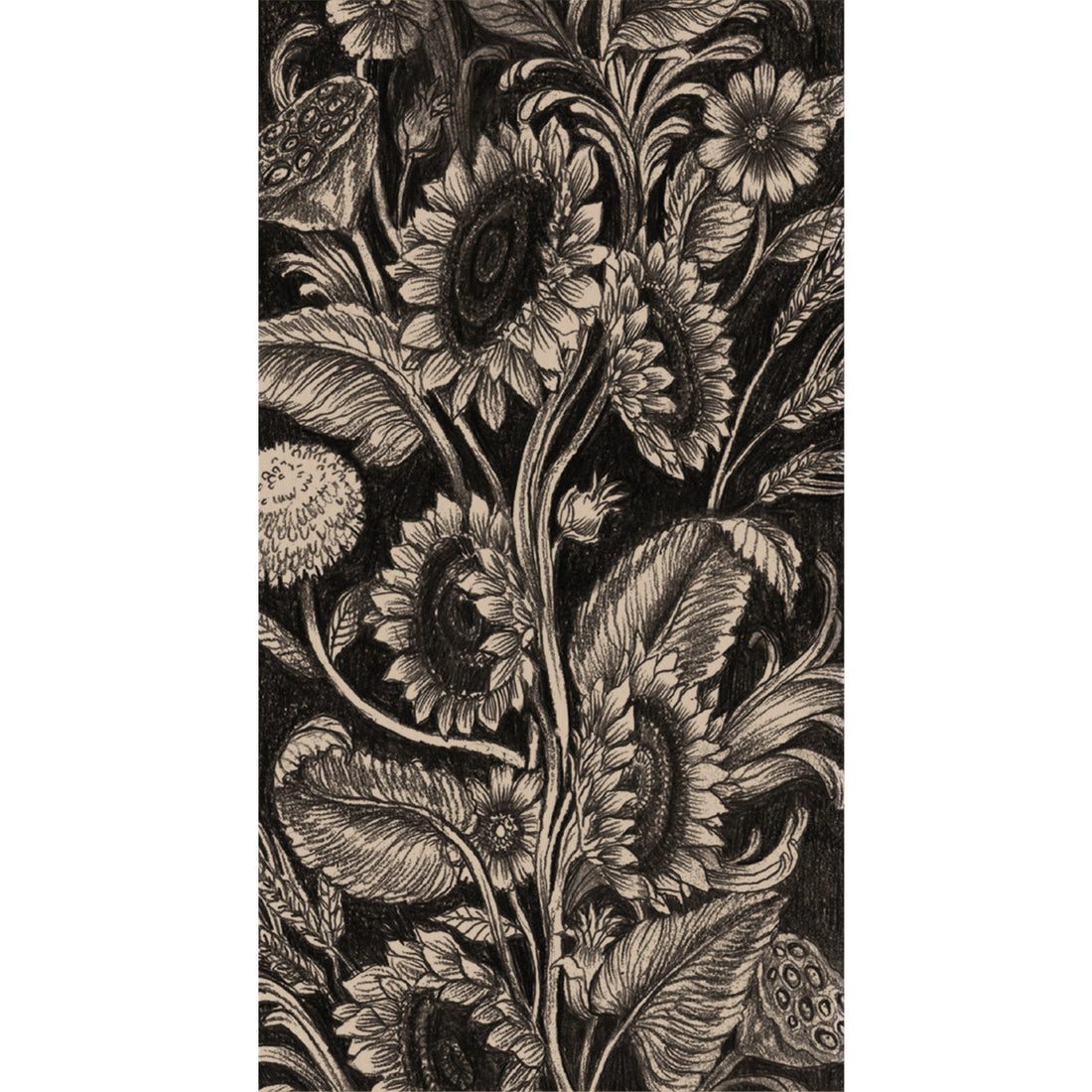 An illustration of black monochrome sunflowers, dandelions, and lotus pods on a black background.