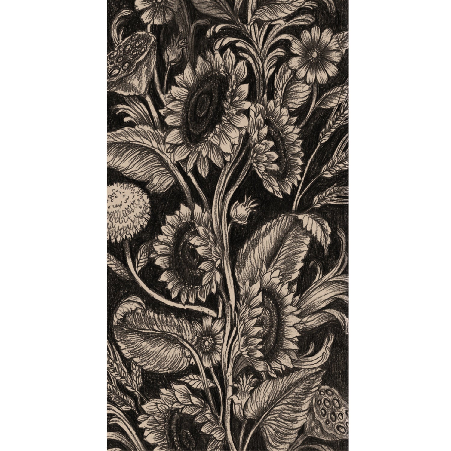 An illustration of black monochrome sunflowers, dandelions, and lotus pods on a black background.