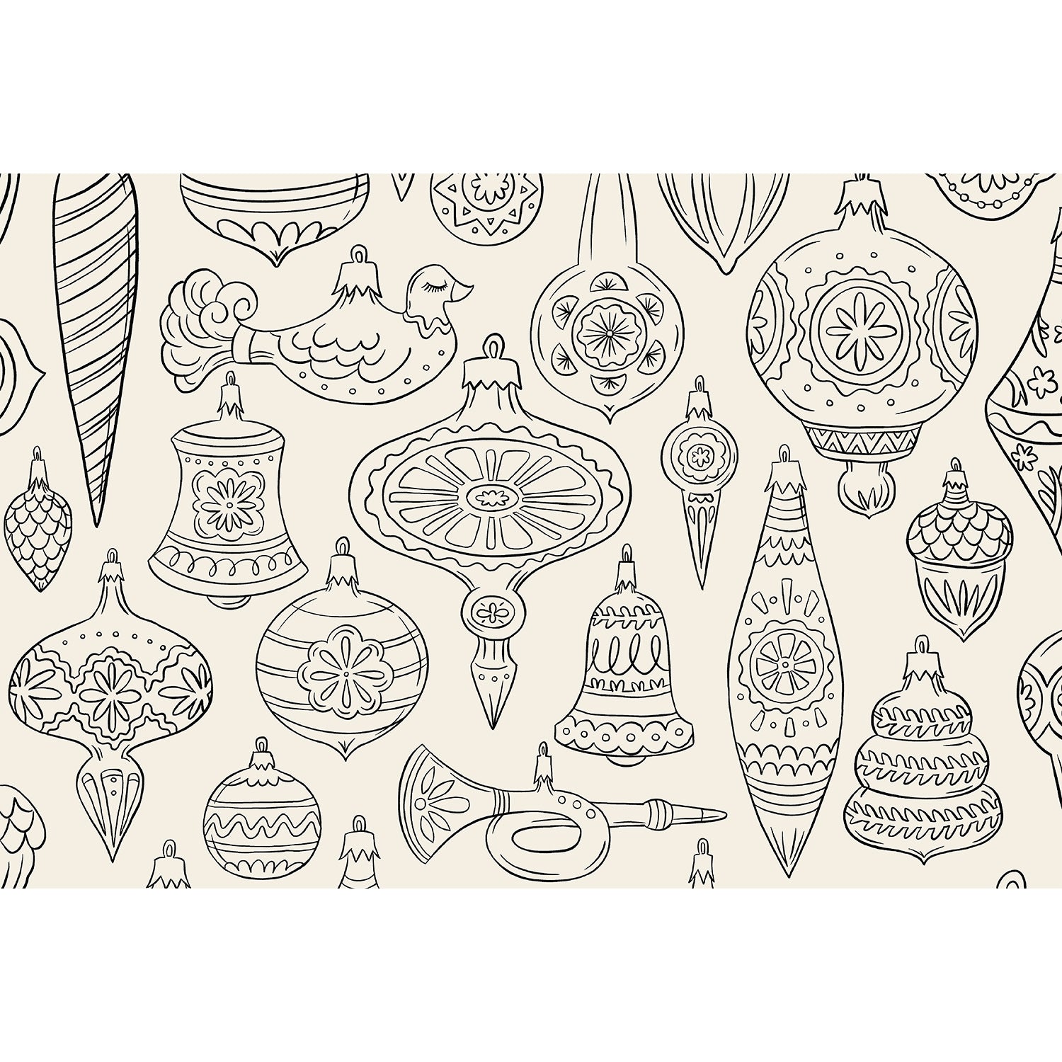 Pattern of black line art Christmas ornaments on a beige background.