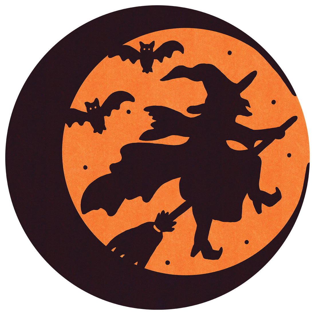 Die-cut Wicked Witch Placemat featuring a silhouette of a witch flying on a broomstick with bats in the background.
