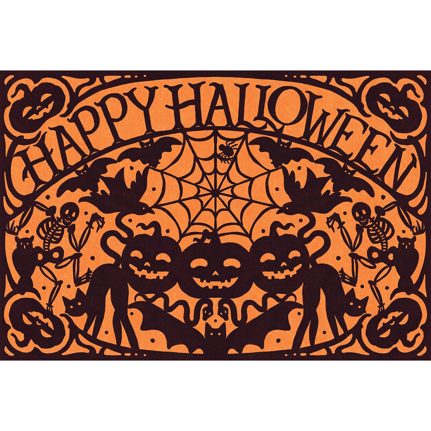 Orange paper placemat that reads Happy Halloween and is surrounded by silhouettes of pumpkins, cats, owls, skulls, spiders & webs.