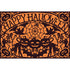 Orange paper placemat that reads Happy Halloween and is surrounded by silhouettes of pumpkins, cats, owls, skulls, spiders & webs.