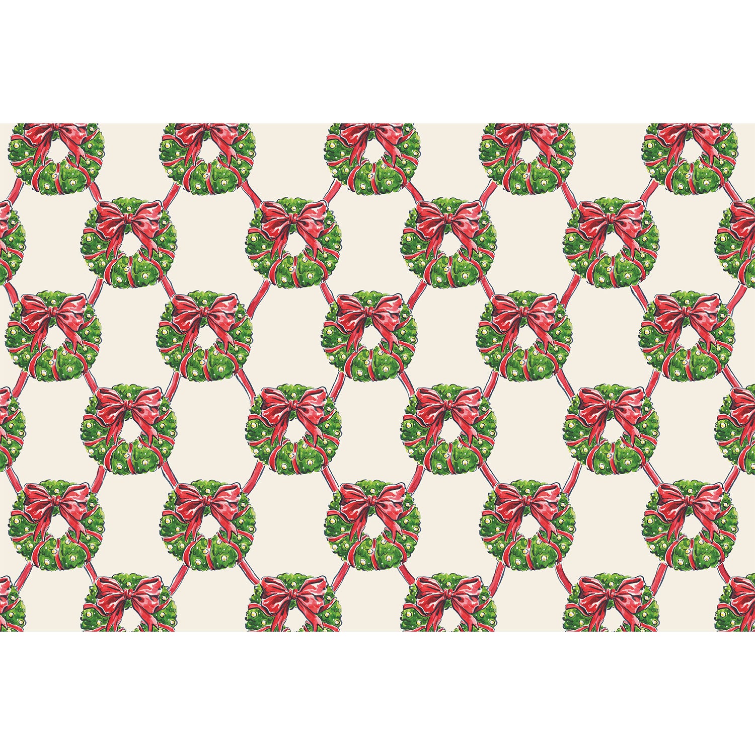Holiday Wreath Lattice Placemat by Hester & Cook featuring a lattice design of holiday wreaths with red bows on a cream background.
