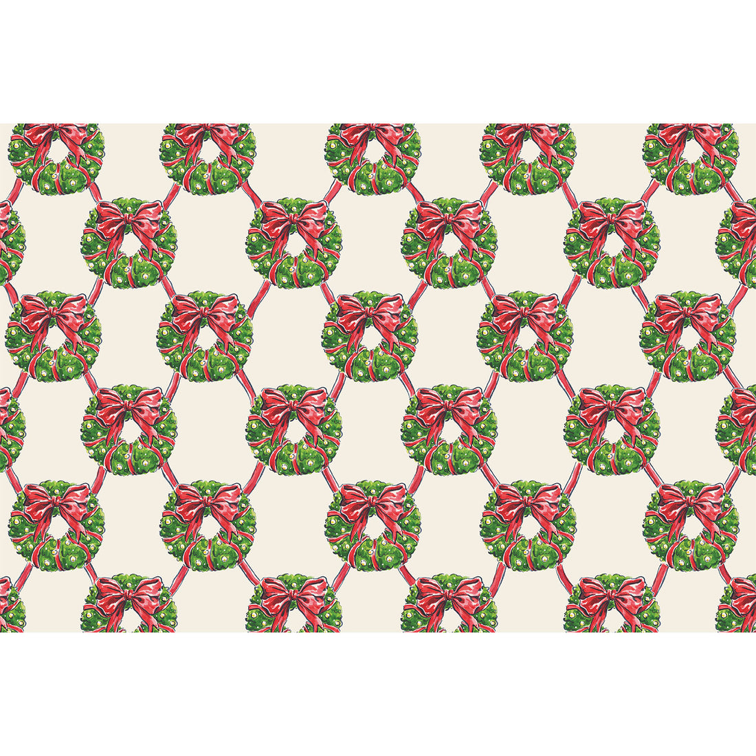 Holiday Wreath Lattice Placemat by Hester &amp; Cook featuring a lattice design of holiday wreaths with red bows on a cream background.