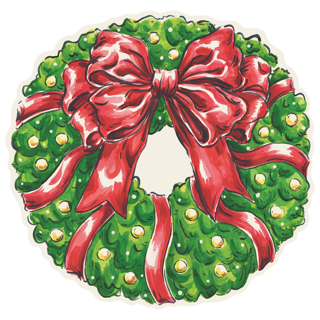 Die-cut Holiday Wreath Lattice Placemat by Hester &amp; Cook featuring a wreath with gold balls and a red bow.