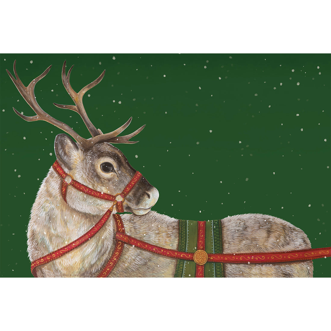 Holiday Reindeer Placemat featuring an illustration of a reindeer in red and green harnesses on a snowy green backdrop.