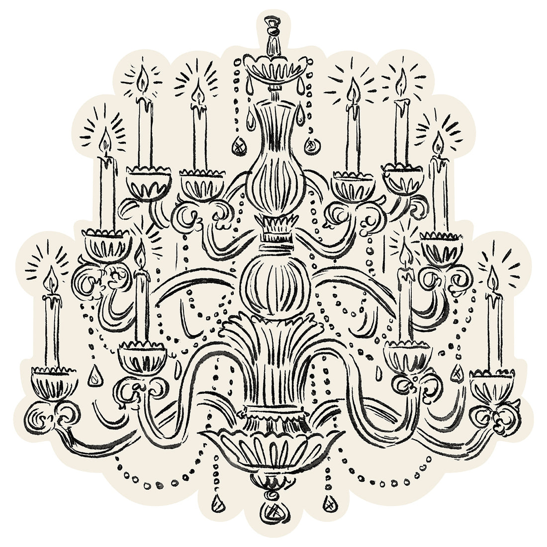 Die-cut Chandelier Placemat featuring a  hand-drawn whimsical illustration of a chandelier in black with an off-white background.