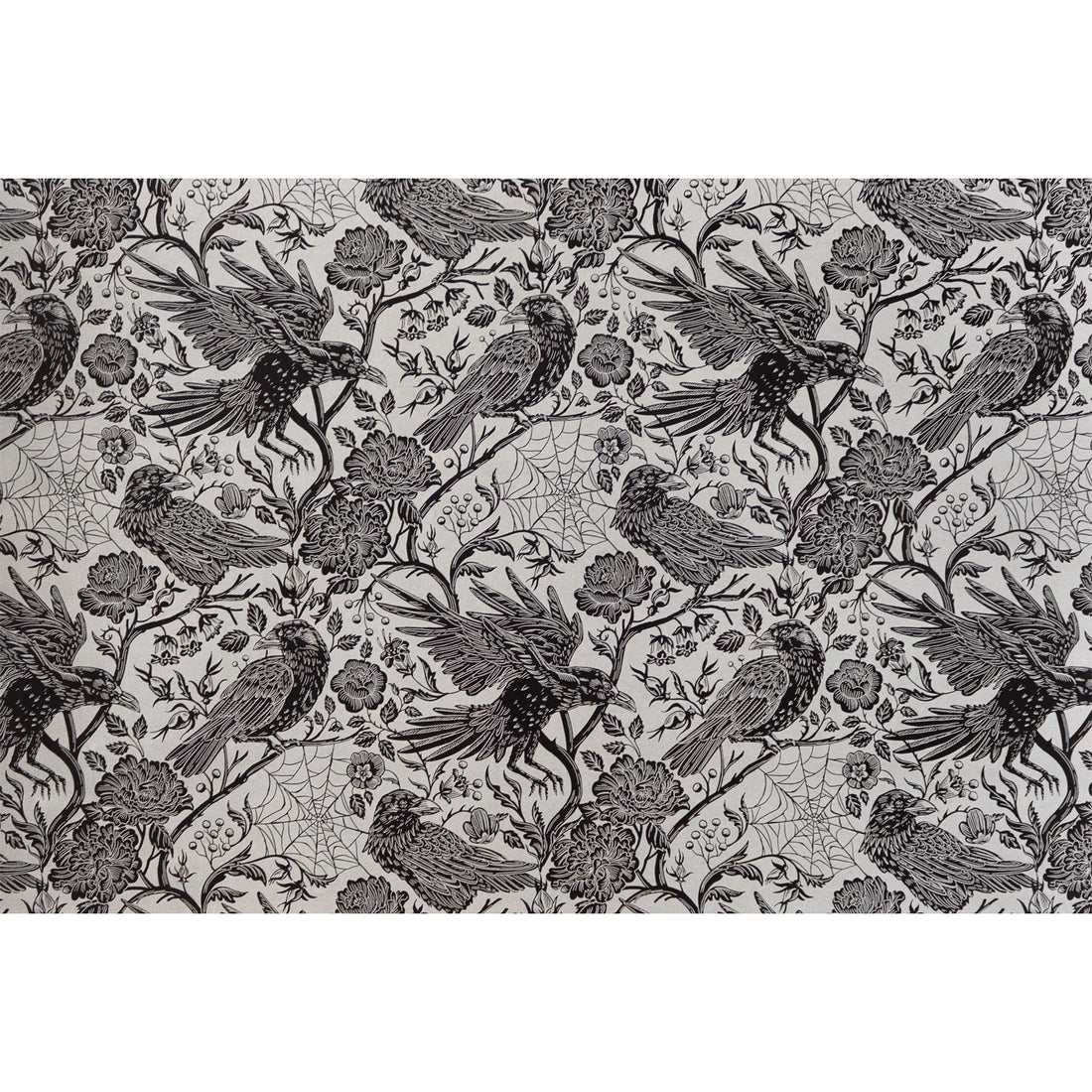 Raven Toile Placemat by Hester &amp; Cook featuring a black toile pattern with metallic silver of Ravens, spiderwebs and flowers on a silver background.
