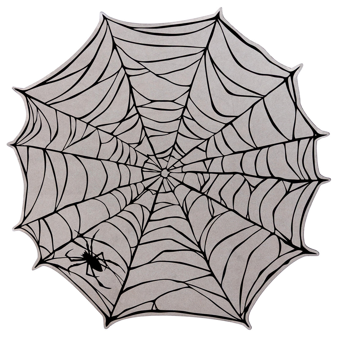 Die-cut Spiderweb Placemat by Hester & Cook featuring a black spider crawling on a web with a silver background.