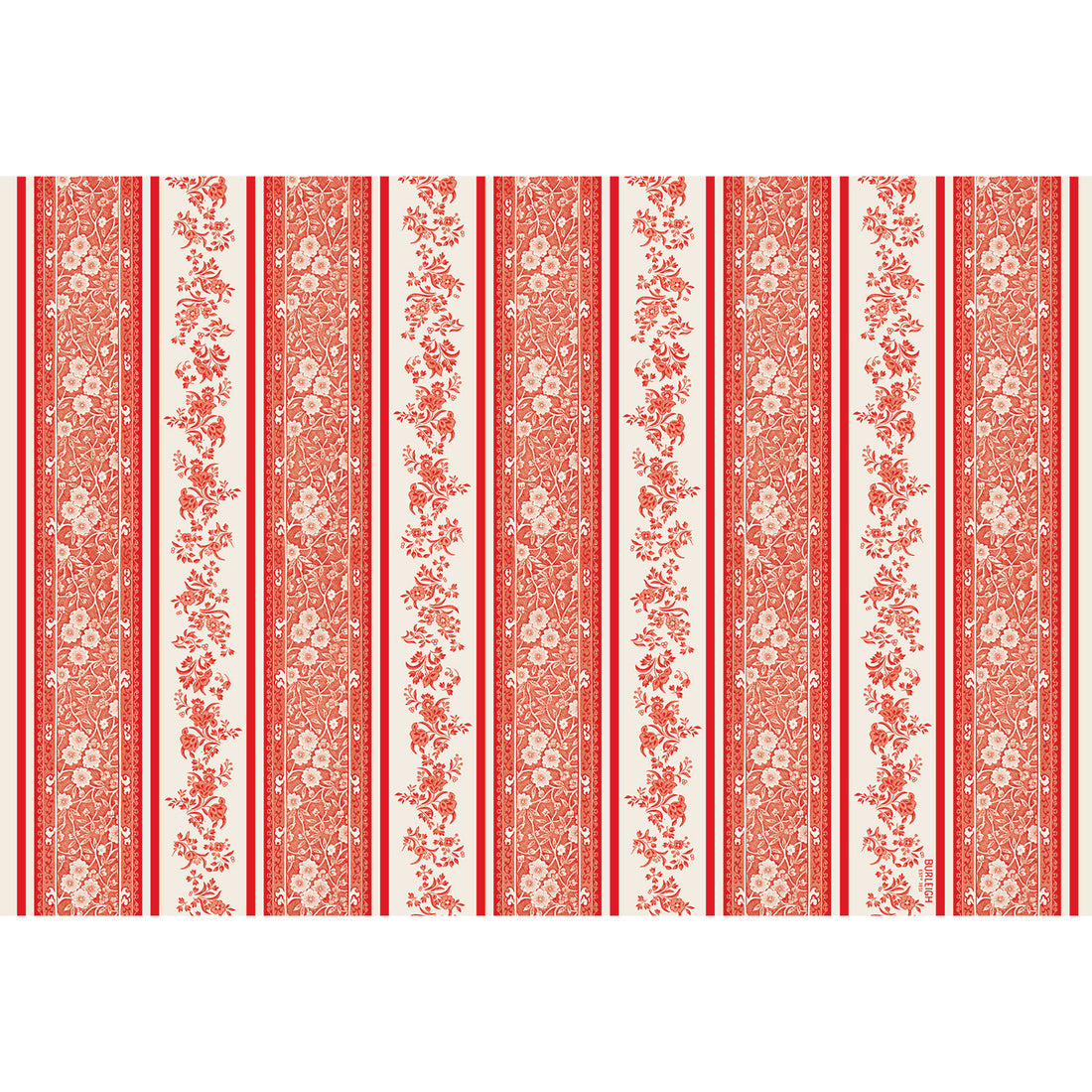 Red Burleigh Stripe Placemat featuring red stripes with the Burleigh Calico design and Regal Peacock design in the white stripes.