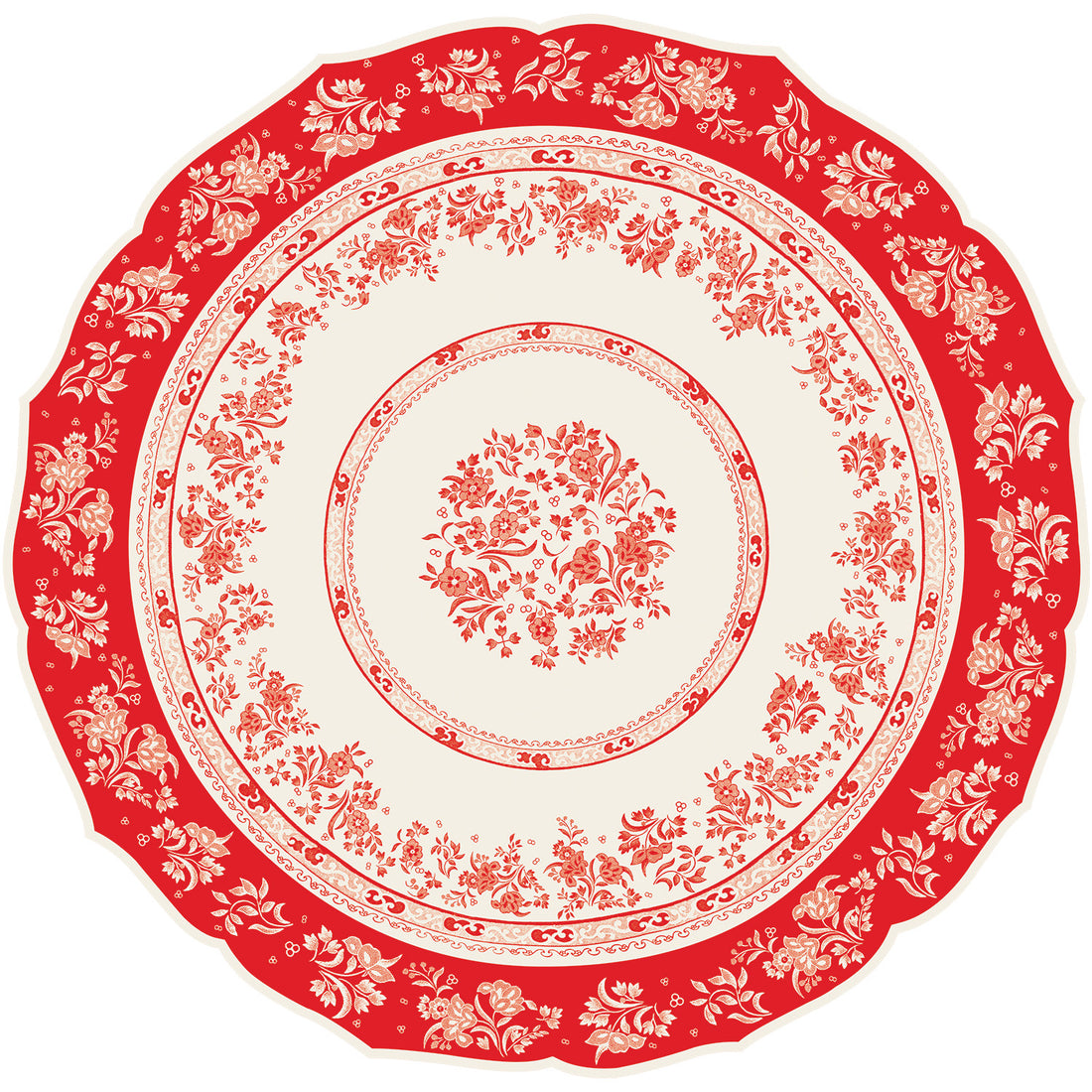 Die-cut Red Regal Placemat featuring a red and white decorative design showcasing intricate Burleigh floral patterns with flowers arranged in concentric circles.