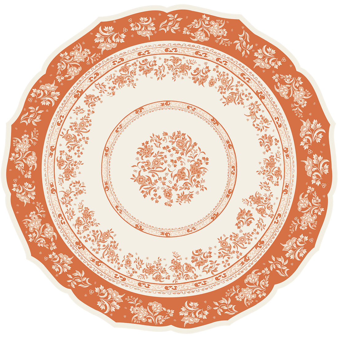 Die-cut Pumpkin Regal Placemat featuring a pumpkin and cream decorative design showcasing intricate Burleigh floral patterns with flowers arranged in concentric circles.