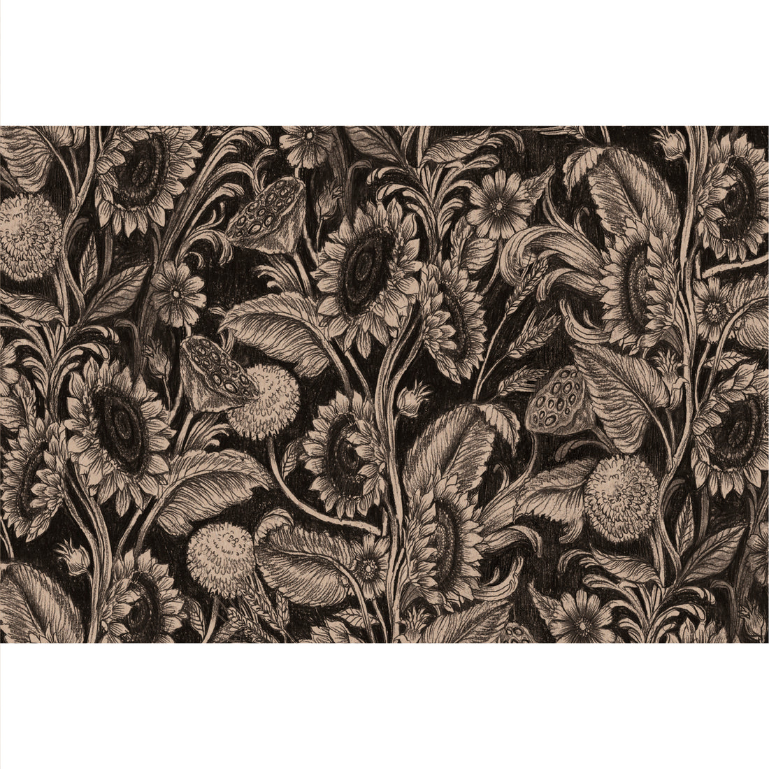 Sunflower Field Placemat featuring intricate drawings of sunflowers arranged to create a tapestry like pattern, on a black background.