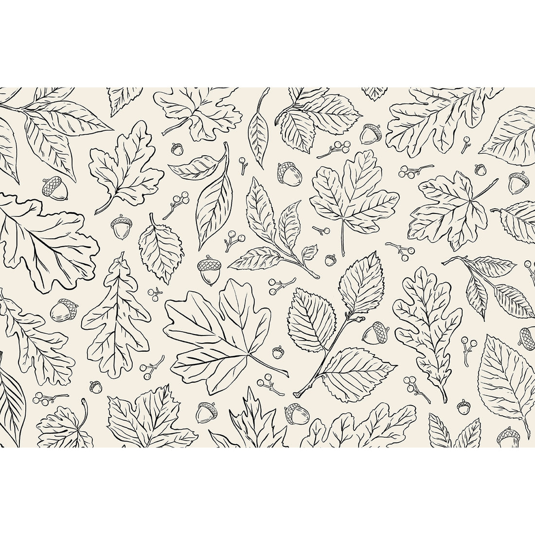 Coloring Leaves Placemat featuring outlined leaves and acorns scattered on a light beige background.