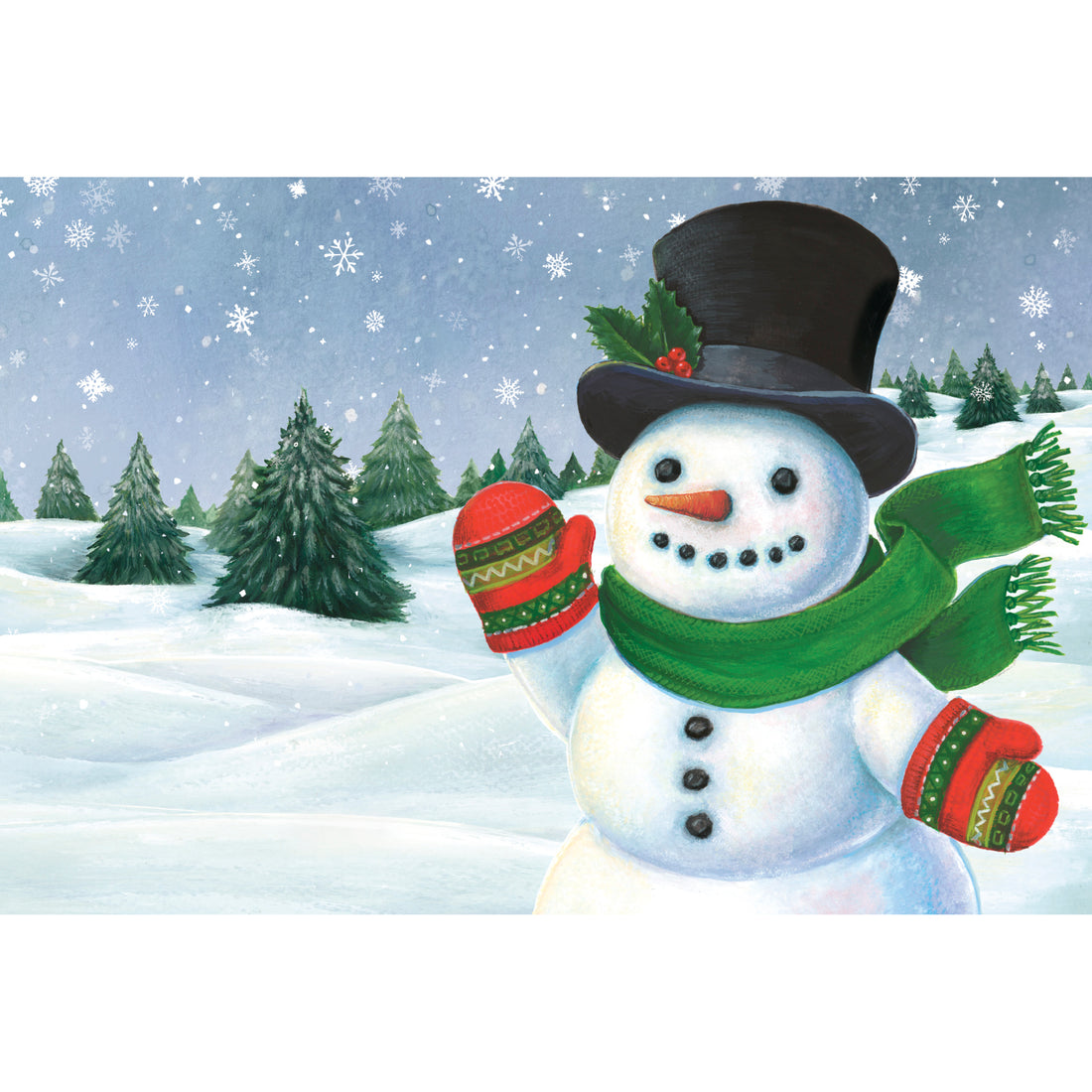 A Jolly Snowman Placemat features a snowman with a green scarf, red mittens, and a black top hat standing in a snowy landscape with pine trees and falling snowflakes.