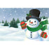 A Jolly Snowman Placemat features a snowman with a green scarf, red mittens, and a black top hat standing in a snowy landscape with pine trees and falling snowflakes.