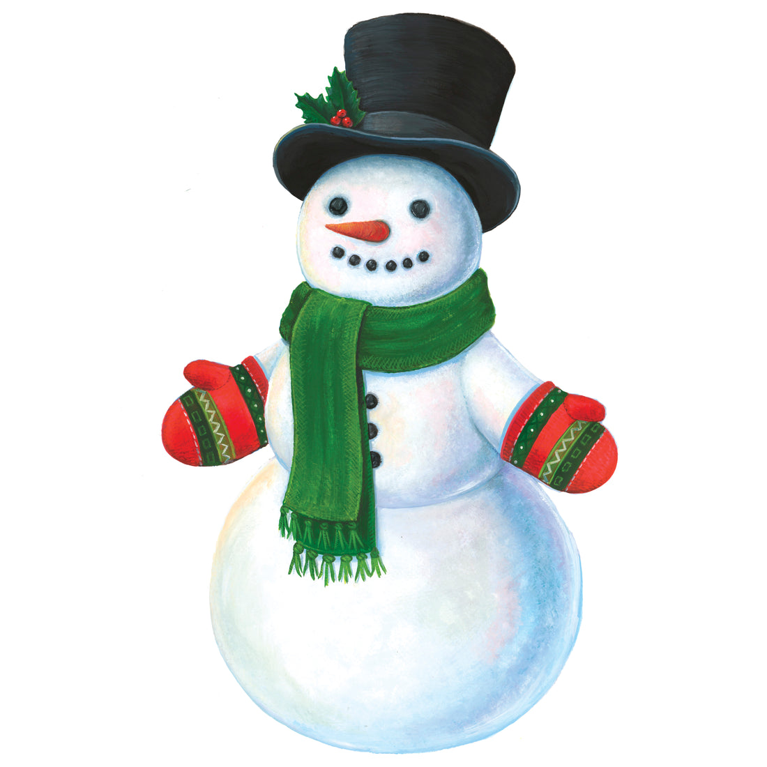 Die-cut Snowman Placemat featuring an illustration of a snowman wearing a black top hat, green scarf, and red mittens. The snowman features coal eyes, a carrot nose, and a smile made of coal pieces.