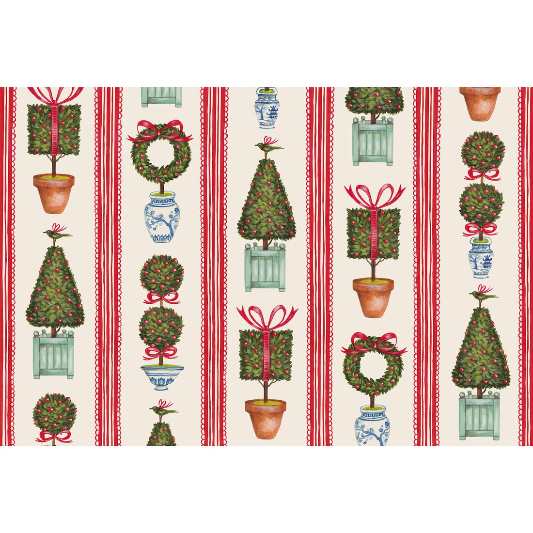 Patterned placemat featuring rows of potted holiday topiary trees adorned with red ribbons with vertical red stripes on a cream background.