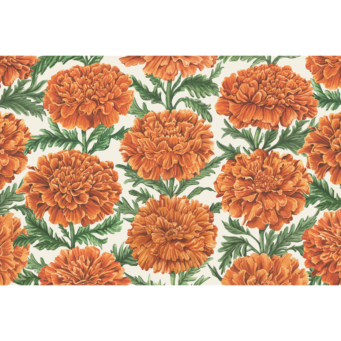 Illustration of orange marigold flowers with green leaves arranged in a repeating pattern on a light background.