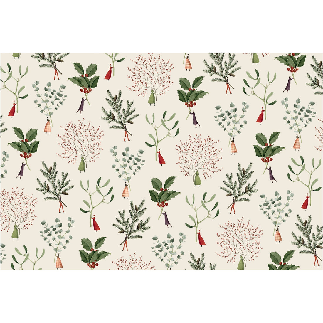 A repeating pattern of tiny illustrated people holding large holly with red berries, pine branches, eucalyptus, against a cream background, featuring artwork by Laura Stoddart.