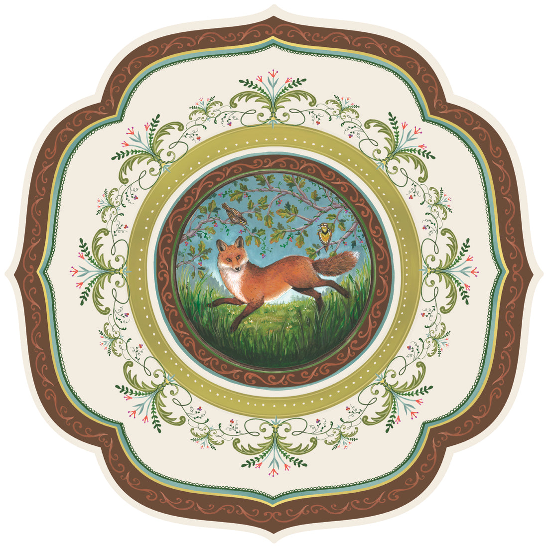 Decorative placemat featuring an illustration of a fox running through a forest, surrounded by ornate floral and scroll patterns in green and brown.