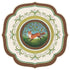 Decorative placemat featuring an illustration of a fox running through a forest, surrounded by ornate floral and scroll patterns in green and brown.