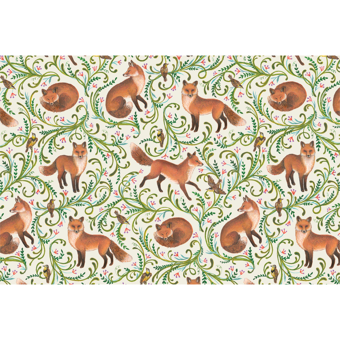 Illustration of red foxes in various poses, surrounded by green leafy vines, small flowers and birds.