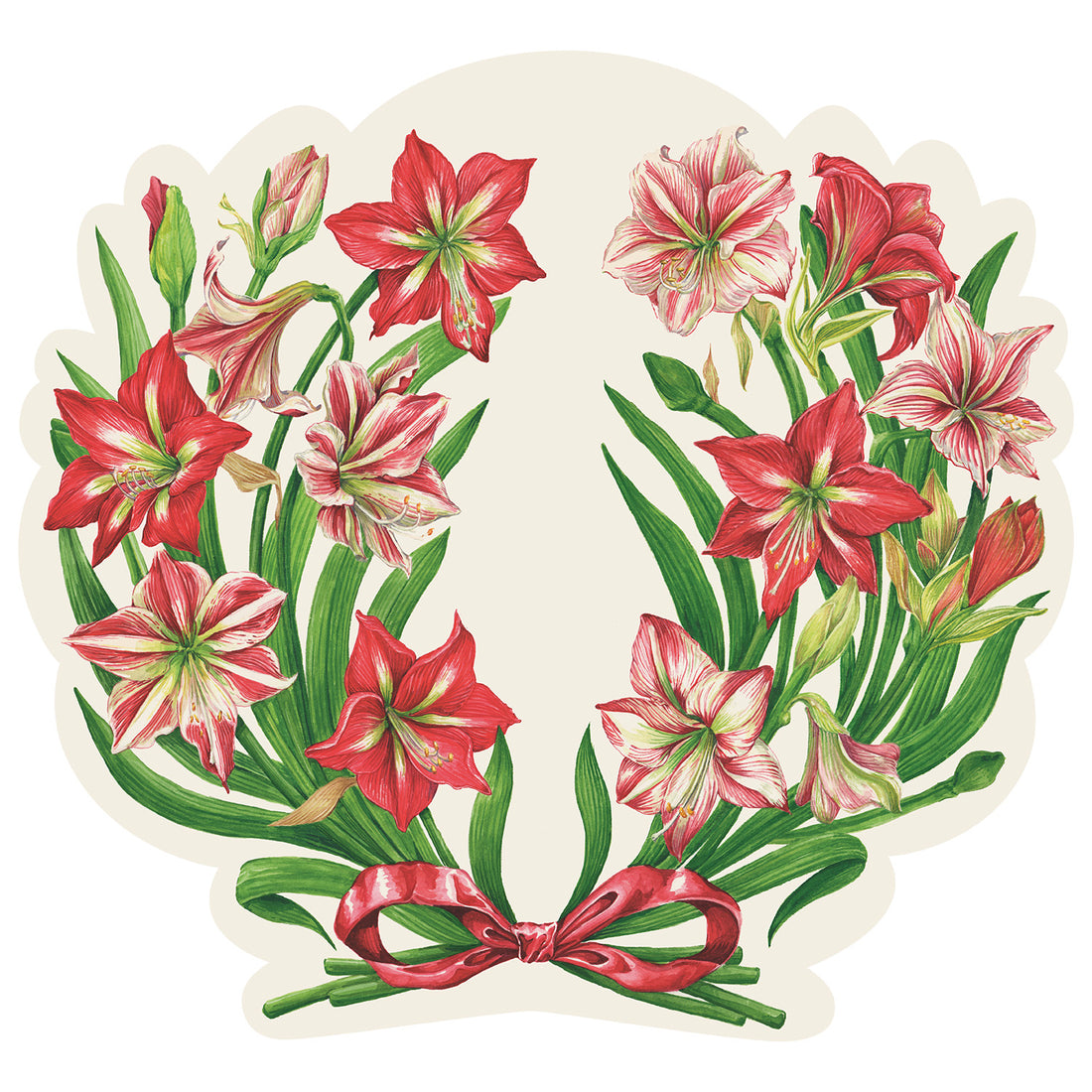 Illustration of a wreath made of red and pink amaryllis flowers with green leaves, tied with a red ribbon at the bottom.