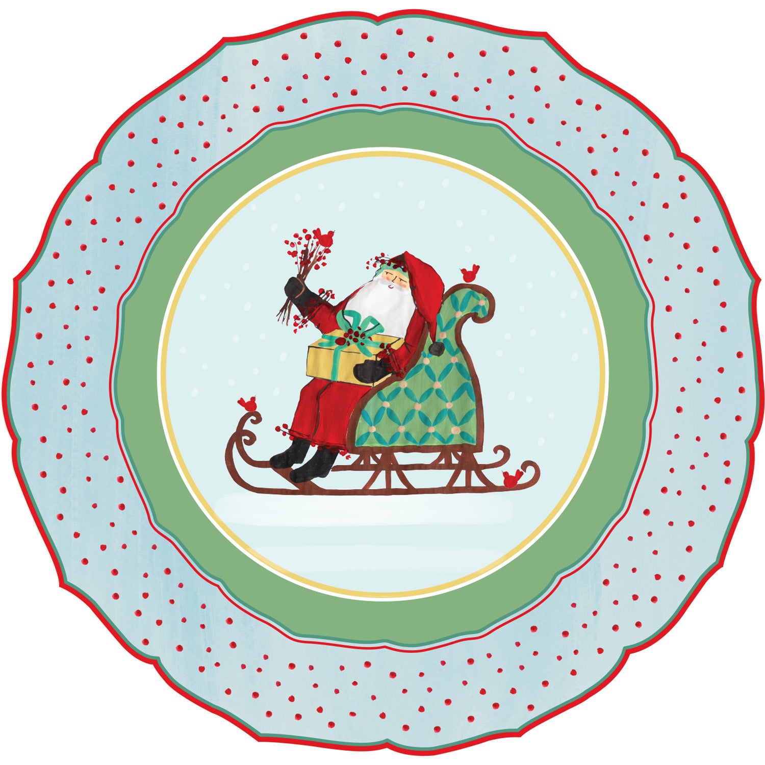 Illustration of Old St. Nick sitting in a green sleigh holding a present and holly surrounded by snow and Cardinals; red polka dots decorate the border of this festive VIETRI holiday placemat.