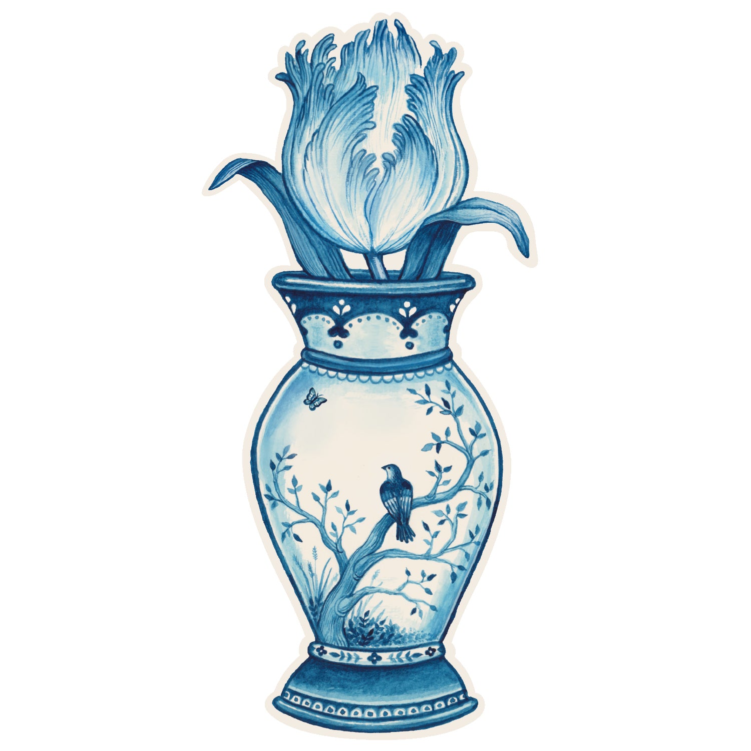 A versatile Indigo Tulip Table Accent by Hester & Cook, this blue and white vase combines elegant decor with the charming addition of a bird.